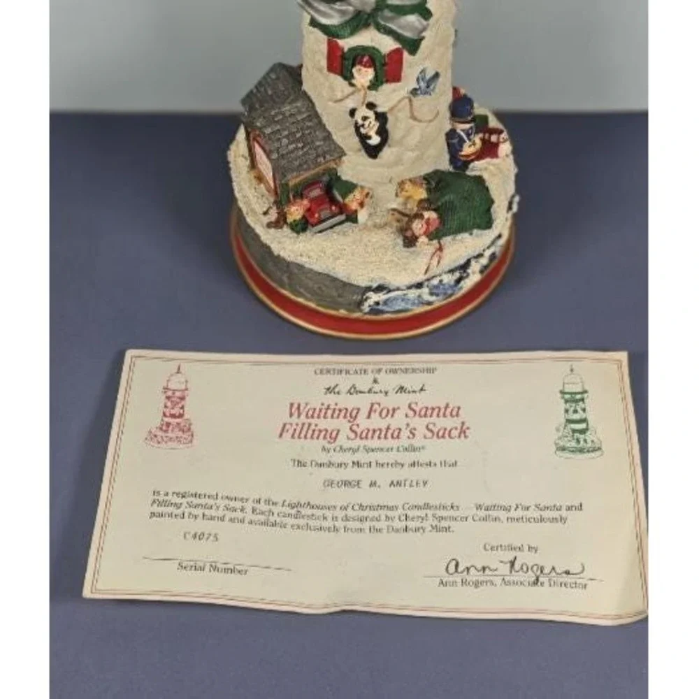 Danbury Mint Cheryl Collins Lighthouse Santa Elves Figurine w COA
